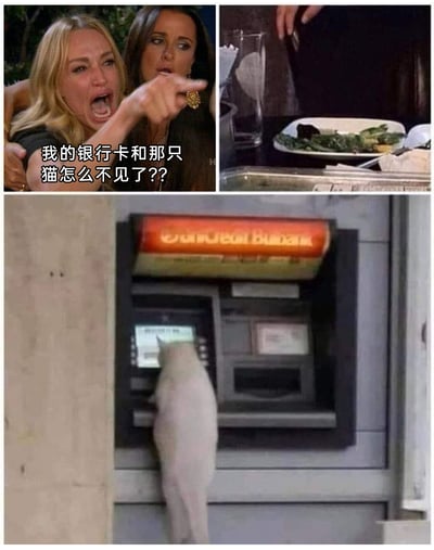 这是一张多图拼接的连环搞笑梗图，由三部分组成：左上是美国真人秀《比弗利娇妻》的经典场景截图，一位金发女性张大嘴巴、手指前方，配文“我的银行卡和那只猫怎么不见了？？”，表现出焦急慌乱的情绪；右上是一只手在收拾吃剩的餐盘，餐盘内的食物形态制造了“猫被吃掉”的误导性视觉；下方是一只白色猫咪站在ATM机前，爪子触碰屏幕，仿佛在操作机器，呼应了左上的疑问，制造出“猫拿走银行卡去取钱”的荒诞搞笑反差效果，用无厘头的情节带来趣味。