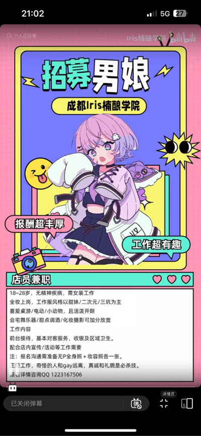 这是一张来自B站直播的招募海报截图，成都Iris楠酿学院面向18-28岁人群招募男娘店员兼职，要求应聘者女装全妆上岗，穿搭风格为甜妹/二次元/三坑路线，喜爱桌游、电子游戏、小动物且性格活泼开朗，掌握宅舞、乐器、甜点调酒、化妆摄影等技能可放宽要求；工作内容涵盖前台接待、对客服务、收银、区域卫生维护，以及配合店内宣传与活动执行，标注报酬丰厚、工作有趣。报名需准备无P全身照与妆容照各一张，同时注明"奇怪的人和gay远离"，报名咨询QQ为1223167506。海报采用活泼的二次元风格，搭配粉发软萌女孩插画，视觉吸睛，面向二次元社群进行推广。