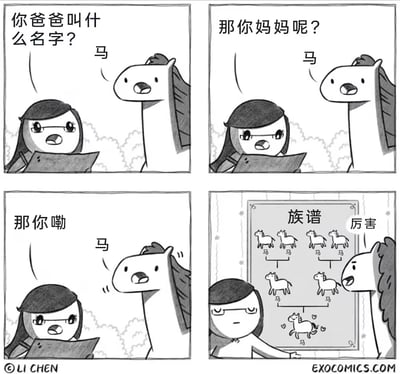 这是一组四格连环漫画，讲述了一个戴眼镜的女孩手持笔记本向一匹马提问的搞笑故事。第一格中女孩问“你爸爸叫什么名字？”，马回答“马”；第二格女孩接着问“那你妈妈呢？”，马依然回答“马”；第三格女孩追问“那你嘞”，马还是回答“马”；第四格女孩展示了一张写着“族谱”的图表，上面所有位置都标注着“马”，马则开心地说“厉害”。漫画通过马对所有家庭成员名字都回答“马”的重复梗制造幽默效果。