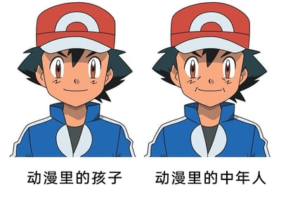 这是一张左右布局的对比梗图，核心内容是对《宝可梦》主角小智的形象进行修改，以此调侃动漫创作中孩童与中年角色的典型刻画差异。左侧标注“动漫里的孩子”，呈现的是小智的原版形象：拥有大而明亮的圆形眼睛，面带温和微笑，神态天真活泼，完全契合动漫中孩童角色的眼部塑造特征；右侧标注“动漫里的中年人”，是经过修改的小智形象，原本的大眼睛被调整为更小、更狭长的形态，同样面带微笑但神态显得更为沉稳成熟，对应动漫里中年角色的眼部刻画习惯。整张图通过同一角色的细微形象改动，精准戳中动漫爱好者对这类创作套路的认知，反差感强烈且充满趣味性。