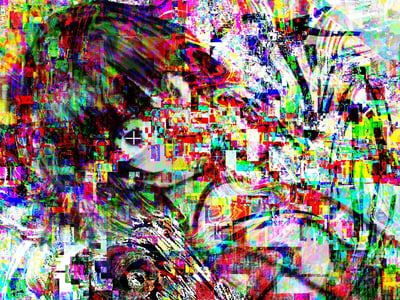 这是一张充满故障艺术（Glitch Art）风格的数字图像，画面被大面积的色彩错乱、像素块分裂与线条扭曲效果完全覆盖，隐约能辨认出模糊的人像轮廓，其中一只带有十字标记的眼睛在混乱色块中较为突出。整体视觉效果极具冲击感，呈现出数字信号出错般的失真状态，传递出躁动、迷幻甚至崩溃的情绪氛围，属于先锋数字视觉艺术作品，无谐音梗或双关含义。