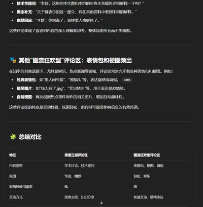 这张内容图解析了两种截然不同的网络评论区风格：一是以学术技术讨论为主的「東雲正樹评论区」，评论多为专业提问、概念补充，还带有相关领域的幽默玩梗，氛围专业又不失趣味；二是娱乐向的「图流狂欢型评论区」，常见于娱乐、热点话题下，以表情包、梗图为主要互动方式，氛围轻松但可能干扰信息传递。最后通过表格从内容类型、氛围、表情包使用频率、互动方式四个维度对两者进行了总结对比。
