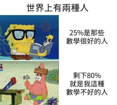 这张梗图用《海绵宝宝》动画角色形象幽默地对数学能力进行分类。上半部分描绘了斯文有学识的海绵宝宝，代表“25%数学很好的人”；下半部分是派大星搞砸了木工活，代表“剩下80%数学不好的人”。文案用数学分组却出现了数字错误，故意埋下“双关”笑点，突出自嘲和吐槽氛围。

图片核心的幽默点是“数学不好的人居然分了80%”，实际上这两个比例加一起超过100%，体现“自己不会数学，所以分错了”的自黑效果，这是一种常见的网络自黑谐音梗。
