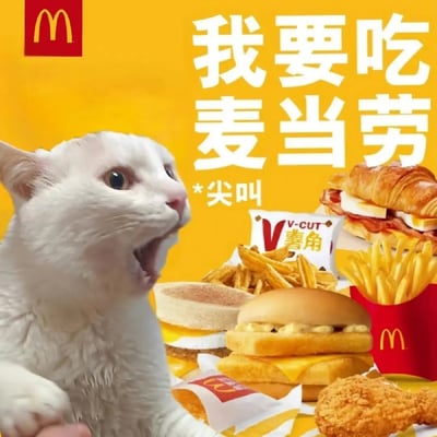 这是一张非常搞笑的网络梗图，将表情包“尖叫猫”与麦当劳的美食广告合成在一起，猫咪张大嘴巴一副非常渴望的表情，旁边配有大字“我要吃麦当劳*尖叫*”，表达出对麦当劳食物的炽热渴望和不可抗拒。整体画面夸张鲜明，极具代入感，很容易让人会心一笑。图中文字“*尖叫”是一种模仿弹幕、剧本风格的创意表达，也体现了当代年轻人亚文化表达方式。