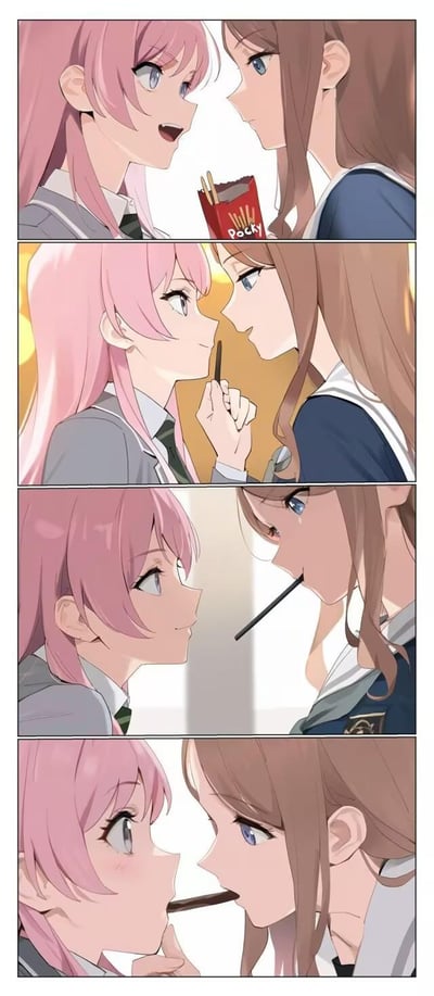 四格漫画描绘了两位穿着校服的少女分享薯条的温馨场景。第一格中，粉色头发少女手持印有“Rocky”字样的薯条袋，与棕色头发少女相视而笑；第二格中，粉色头发少女用手指夹起一根薯条递向对方；第三格中，棕色头发少女微微低头，粉色头发少女将薯条递到她嘴边；第四格中，两人脸贴得很近，共享同一根薯条，表情温柔，气氛亲密。画面采用典型的日系动漫风格，人物表情细腻，色彩明亮柔和。