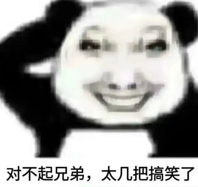 这是一张熊猫头系列的恶搞合成表情包，创作者将熊猫头的脸部替换成了带有滑稽笑容的人脸，图中人物一只手搭在脑袋旁，面部表情看起来忍俊不禁、笑到失态。图片下方配有直白且带点粗口的文字：“对不起兄弟，太几把搞笑了”，既表达了自己因遇到极其好笑的事情而忍不住发笑的状态，又向被打扰或调侃的朋友传递出歉意，用口语化的粗俗词汇进一步强化了事情的好笑程度，整体风格接地气又充满趣味性，非常贴合朋友间搞笑互动的聊天场景。