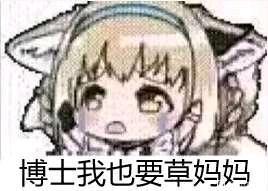 这是一张玩家自制的明日方舟Q版角色表情包，图中的Q版卡通角色睁着圆溜溜的眼睛，露出委屈又期待的神情，下方配文“博士我也要草妈妈”，模仿孩童向长辈索要喜爱事物的撒娇语气，结合了明日方舟玩家圈和虚拟主播圈的梗，表达角色也想拥有“草妈妈”相关内容的渴望，风格软萌可爱，充满玩梗趣味。