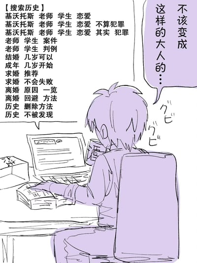 这是一张《蔚蓝档案》的手绘线稿风格同人梗图，图中游戏里的老师背对镜头坐在桌前，对着电脑神情焦虑（旁有冒汗的拟声符号），桌上摆着泡面和罐装饮料。左侧列出了他的搜索历史：从反复确认「基沃托斯里老师和学生恋爱是否犯罪」，到搜索师生相关案件判例、结婚与成年年龄，再跳到求婚推荐、不会失败的求婚方法，接着又转向离婚原因、离婚回避方法，最后落到搜索历史删除、不被发现的方法。右侧的对白气泡里，老师自责道「不该变成这样的大人的……」。整幅图通过夸张的搜索历史变化，调侃了玩家（老师视角）对和游戏里的女学生发展关系的纠结心态，从合法性焦虑一路脑补到婚后离婚，最后还怕被发现，充满搞笑又无奈的反差感，精准戳中《蔚蓝档案》玩家的同人脑补心理。