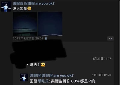 这是一张微信朋友圈的截图，用户使用雷军作为头像，昵称是「噔噔噔 噔噔噔are you ok?」，在2023年1月27日发布了两张仅能看到一颗星的夜空对比图，配文「满天繁星😆」玩反差梗；1月31日，名为「想吃瓜」的好友回复「满天?🤨」提出质疑，该用户随后回复承认「实话告诉你80%都是P的」，整个对话利用「满天繁星」与「仅一颗星」的反差，以及自曝P图的行为制造搞笑效果，同时昵称里的「are you ok」是雷军的经典网络梗，增添了趣味氛围。