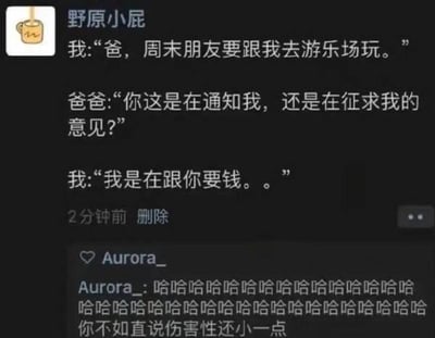 这是一张微信朋友圈的截图，用户「野原小屁」发布了一段和爸爸的趣味对话：孩子告知爸爸周末要和朋友去游乐场，爸爸询问孩子是在通知自己还是征求意见，孩子直白回复是在要钱，反转的回答制造出幽默效果。下方评论区的用户「Aurora_」用一连串的哈哈表达笑点，还调侃孩子不如直接说要钱，伤害性更小。这段对话用直白的方式调侃了子女向父母要钱的日常场景，充满生活趣味。