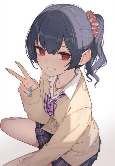 这是一张AI生成的二次元原创插画，画面中是一位深蓝色侧马尾的少女，用粉色波点发圈束起头发，身着米黄色针织开衫搭配白衬衫、紫格领结与格纹短裙的JK风格服饰。她有着亮眼的红棕色眼眸，嘴角扬起露出牙齿，对着镜头比出V字手势，美甲为淡蓝色，整体形象元气灵动，传递出活泼俏皮的感觉。图中没有双关、谐音梗或暗示内容。