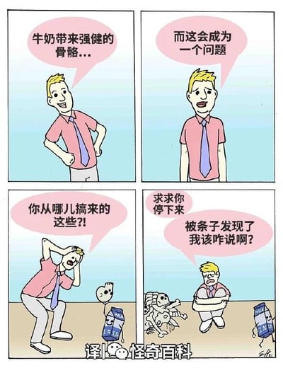 这是一组四格连环卡通漫画，以荒诞反转的方式解构“牛奶强健骨骼”的常规宣传：
1. 第一格：穿粉色衬衫、蓝色领带的男子叉腰笑着，说出“牛奶带来强健的骨骼...”，是常见的牛奶正向宣传话术；
2. 第二格：男子表情转为担忧，说出“而这会成为一个问题”，埋下反转伏笔；
3. 第三格：男子双手抱头崩溃大喊“你从哪儿搞来的这些?!”，画面中出现小骷髅和拟人化牛奶盒，暗示“强健骨骼”的来源不对劲；
4. 第四格：男子抱臂蜷缩，崩溃求饶“求求你停下来”，同时慌张念叨“被条子发现了我该咋说啊?”，地上出现一具完整骷髅，拟人化牛奶盒仍在旁，将荒诞感拉满。
漫画没有双关或谐音梗，纯靠逻辑反转的无厘头设定制造搞笑效果。