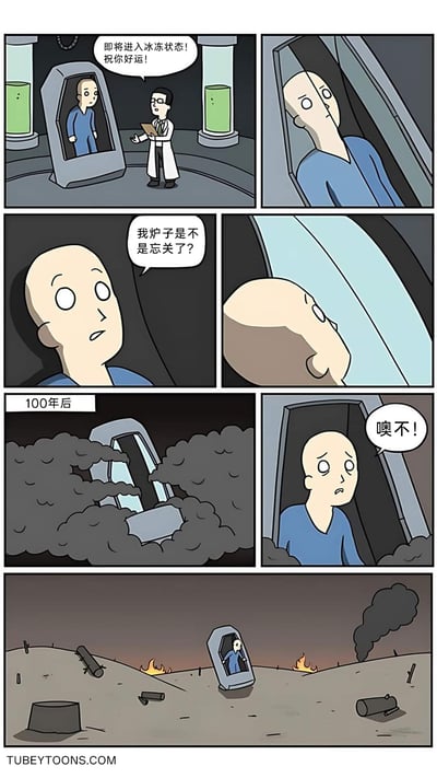 这是一则短篇连环科幻搞笑漫画：第一格中，光头男子站在冷冻休眠舱内，穿白大褂的科研人员手持平板，严肃地告知他“即将进入冰冻状态！祝你好运！”；第二格，冷冻舱的舱门开始缓缓关闭；第三格，光头男子突然露出疑惑的神情，心中想到“我炉子是不是忘关了？”；第四格，冷冻舱完全闭合，男子被封闭在低温环境中；第五格，时间跳转至100年后，冷冻舱被黑烟环绕，周围环境破败不堪；第六格，光头男子从冷冻舱中醒来，看到眼前的景象发出惊呼“噢不！”；最后一格展示了他所处的世界：荒芜的地面上散落着废弃物品，还有多处燃烧的火焰，完全是一片末日废墟，他的冷冻舱孤零零地伫立在这片废墟之中。漫画用黑色幽默的方式，将一个日常的小疏忽与世界末日的极端结果结合，制造出荒诞的喜剧效果。