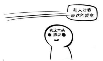 这是一张黑白手绘风格的卡通表情包，画面主体是一个线条简单的卡通人物，人物头部位置标注着“我这木头脑袋”，在人物的右上方，有一个带有三条速度线的对话气泡，里面写着“别人对我表达的爱意”，速度线表现出这份爱意快速掠过，没有被人物接收到。整张图用夸张且幽默的方式，自嘲自己像木头一样情感迟钝，无法及时察觉到他人传递的爱意，精准戳中很多人在感情里后知后觉的状态，适合在社交聊天中用来调侃自己的情感感知能力弱。