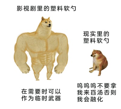 这张图片采用网络流行的肌肉Doge和Cheems柴犬梗图进行创意改编，形成左右对比的内容。左侧代表“影视剧里的塑料软勺”，搭配拥有健硕肌肉的柴犬形象，配文“在需要时可以作为临时武器”，夸张地表现出影视剧中塑料软勺被赋予的坚固、可当武器的离谱设定；右侧代表“现实里的塑料软勺”，搭配委屈趴坐的柴犬形象，配文“呜呜呜不要拿我来舀汤否则我会融化”，真实还原了现实中塑料软勺遇高温易变形融化的特点。通过这种强烈的反差感，制造出搞笑效果，调侃影视剧创作与现实生活的巨大差异。