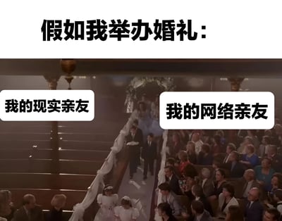 图片上方有黑色大字标题“假如我举办婚礼：”，下方是一张婚礼场景的视频截图，画面被分为左右两部分，左侧标注“我的现实亲友”，右侧标注“我的网络亲友”。截图中可见婚礼过道两侧坐满宾客，前方有儿童（可能是花童或戒童）走在过道上，整体营造出对比现实与网络社交圈亲友规模的幽默效果。