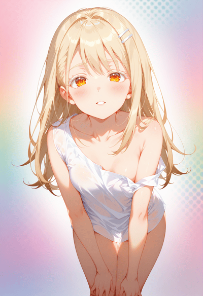 这是一张AI生成的二次元风格插画，画面主体是一位浅金色长发的少女：她留着带有自然卷度的长发，右侧别着两个白色一字发夹，明亮的琥珀色眼眸带着水光，脸颊晕着淡淡的红晕，嘴唇微张，表情羞涩又温柔。少女身穿一件宽松的白色薄款无袖上衣，衣服滑落露出一侧肩膀与精致的锁骨，她俯身将双手交叠放在腿前，姿态娇软动人。背景是粉蓝渐变的柔和色调，还点缀着半透明的网点元素，整体氛围清新治愈，又带着一丝微妙的暧昧感。