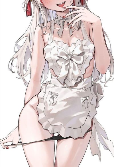 一张动漫风格的插画，描绘了一位穿着白色女仆装的少女。她有着银白色的长发，发间系着红色发饰，脸上带着娇羞的表情，嘴角微微上扬。少女穿着带有荷叶边和巨大蝴蝶结的白色吊带女仆装，露出了性感的锁骨和部分肌肤。她的右手托着下巴，左手轻轻拉扯着围裙的下摆，姿态撩人。整体画风细腻，线条流畅，色彩以白色为主，突出了少女清纯又带点性感的气质。