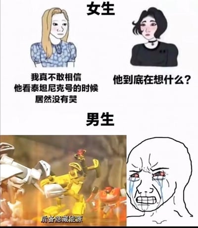 这是一张上下结构的对比梗图，用于调侃男女之间的泪点差异。上半部分为女生视角，两个卡通女生对男生看《泰坦尼克号》不哭的行为表示疑惑，分别说道“我真不敢相信他看泰坦尼克号的时候居然没有哭”和“他到底在想什么？”；下半部分为男生视角，左侧是国产3D动画《猛兽侠》（又名《超能勇士》）中“后备隐藏能源”的经典自爆场景，右侧是网络流行的Wojak哭脸表情包，呈现出崩溃大哭的状态，直观展现出男生会为童年动画里的悲壮场景破防，与女生的泪点形成强烈反差，通过这种对比制造搞笑且有共鸣的效果，没有双关或谐音梗。