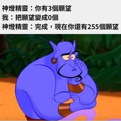 这是一张二次创作的趣味梗图，上方是三段对话：神灯精灵告知用户拥有3个愿望，用户提出要把愿望数量变成0个，结果神灯精灵完成后表示用户现在还有255个愿望；下方配图是迪士尼动画《阿拉丁》里的神灯精灵，他手托着下巴，一脸困惑不解。
这个梗玩了计算机中8位无符号整数的溢出逻辑：当8位无符号整数从0减1时，会溢出变成最大值255，用神灯愿望的场景来包装这个程序员才懂的技术梗，脑洞清奇又充满笑点。