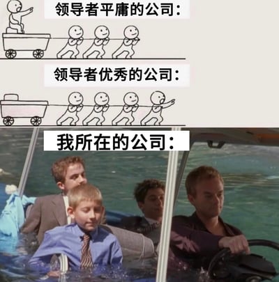 这张图是三段式对比的职场吐槽梗图，前两段使用简笔画呈现两种理想中的公司运营模式：第一种是领导者平庸的公司，领导坐在拉车上仅负责指挥，三名员工在前方出力拉车；第二种是领导者优秀的公司，领导站在队伍最前方，和三名员工一同出力拉车。第三段则用美剧《绝命毒师》中船只进水、全员泡在水里还在继续开船的名场面，对应“我所在的公司”，调侃自身所处的公司运营状况极差、濒临危机，所有员工都深陷困境却还要继续维持运作。