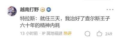 这是一条国内社交媒体的热评截图，用户「越南打野」发布了一句结合时事的玩梗评论：「特拉斯：就任三天，我治好了查尔斯王子六十年的精神内耗」。评论以调侃的方式，结合查尔斯王子作为英国王储等待继位长达数十年，而特拉斯短暂的首相任期让查尔斯很快完成继位的时事背景，用当下流行的「精神内耗」热词玩梗，该评论获得249个点赞，IP属地显示为福建，被平台标注为「热评」。