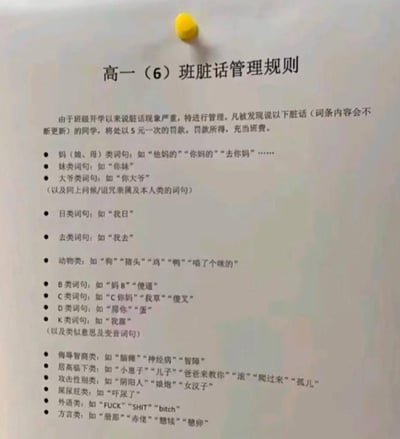 一张用黄色图钉固定的高一（6）班脏话管理规则纸质公告，因班级说脏话现象严重而制定。内容详细罗列了亲属类（妈、妹、大爷）、动物类（狗、猪头）、外语类（FUCK、SHIT）等十余类脏话词条，规定违者每次罚款5元充当班费，语言直白接地气，充满校园自治的幽默与无奈感。