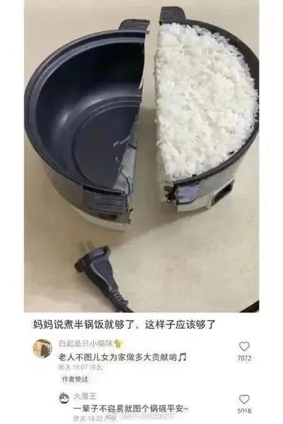 这是一张经过P图改编的静态搞笑图文，画面主体是一个被从中间横向切割开的电饭锅，其中一侧是没有米饭的黑色空锅体，另一侧是盛着满满白米饭的锅体，电饭锅的电源线散落在旁边。图的下方配有文字“妈妈说煮半锅饭就够了，这样子应该够了”，图主故意将“半锅饭”的常规概念——煮半锅量的米饭，曲解为把锅切成一半来煮米饭，用极端的字面意思制造出荒诞搞笑的效果。在配文下方还有两条社交媒体评论，第一条来自用户“白起是只小猫咪”，内容是引用歌曲《常回家看看》的歌词“老人不图儿女为家做多大贡献呐”，用贴合家庭场景的歌词调侃这个搞笑的“半锅饭”行为；第二条来自用户“大魔王”，内容是“一辈子不容易就图个锅碗平安~”，这里使用了谐音梗，将“国泰民安”的“国泰”谐音为“锅碗”，呼应被切开的电饭锅，以调侃的语气表达相关祝福，进一步强化了图的搞笑氛围。