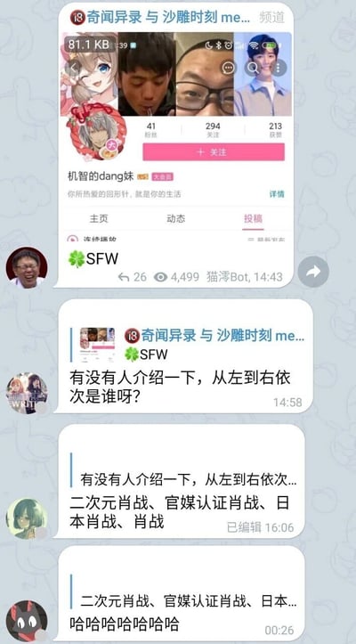 这是一段B站频道群聊的截图，群内先是由机器人分享了B站用户“机智的dang妹”的主页，该用户的头像栏从左到右排列了四个形象；随后有群友询问这四个形象的身份，另一位群友用玩梗的方式回复，称这四个形象依次是“二次元肖战、官媒认证肖战、日本肖战、肖战”，其中“官媒认证肖战”是指曾被央视报道过的撞脸肖战的普通人，“日本肖战”是指日本演员阿部宽，因长相与肖战有相似处被网友戏称，最后一个是肖战本人，这个回复引发了其他群友的爆笑，是典型的网络撞脸玩梗场景。
