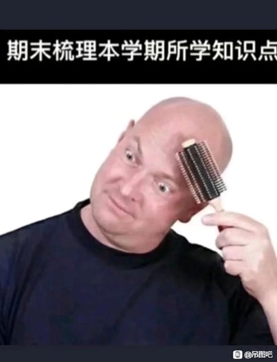 这是一张用于调侃期末复习的搞笑表情包，图片顶部配有文字“期末梳理本学期所学知识点”，主体是一位光头男士，他睁着圆溜溜的眼睛，脸上露出慌张又无奈的神情，一只手拿着一把卷发梳在自己的光头上徒劳地梳理。这个画面用光头梳头发这种毫无效果的行为，比喻学生在期末复习时，发现自己脑子里几乎没记住什么知识点的崩溃状态，幽默又精准地戳中了期末复习时学生的痛点，生动表现出那种脑子里空空如也的无助感。