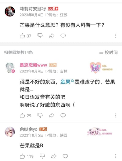 社交媒体平台上的一个讨论截图，用户"莉莉莉安娜呀"发帖询问"芒果是什么意思？有没有人科普一下？"，下方有两条回复。一条来自"是恋恋哦www"解释说"就是不好的东西，金果是难孩子的，芒果就是...和日语发音有关的吧啊呀说了好脏的东西啊 ("，另一条来自"余哒余yo"直接回答"芒果就是B"。