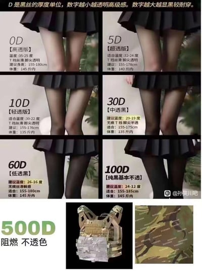 这是一张玩梗的黑丝D数厚度对照表，先科普了黑丝的D数是厚度单位，数字越小越透明，越大越厚实耐穿：
- 0D到100D分别对应不同的温度区间、身高体重适配范围和透光度，从高透到纯黑基本不透，是正常的服饰参考内容；
- 最后将500D的内容替换成了防弹背心，标注「阻燃 不透色」，把D数代表的厚度概念极端化，制造出夸张的反差笑点，属于搞笑的二次创作梗图。