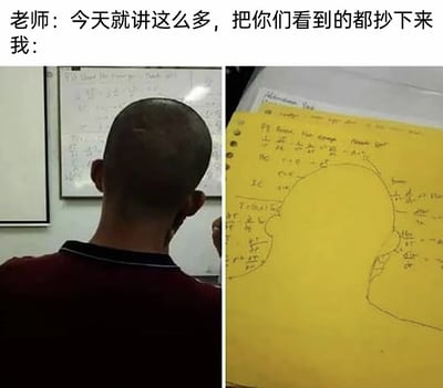 这是一张左右对比的搞笑梗图，上方文字为“老师：今天就讲这么多，把你们看到的都抄下来 我：”。左侧画面显示一个光头人物的背影，正对着写满数学公式的白板；右侧画面则是一本黄色笔记本，上面用线条勾勒出光头的轮廓，并在轮廓周围模仿白板格式写满了数学公式。

图片通过“误解指令”制造笑点：老师让学生“抄下看到的内容”，学生却字面理解为把眼前看到的光头形象也当作“内容”抄了下来，形成荒诞又幽默的对比效果。