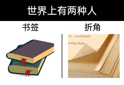 这是一张趣味分类梗图，顶部黑色栏用白色字体写着“世界上有两种人”，将读书人群按标记阅读进度的方式分为两类：左侧为“书签”类，搭配了两本插着红色书签的卡通书籍，代表看书时习惯使用书签来标记阅读进度的人群；右侧为“折角”类，搭配了一张实拍的书页被折角的图片，代表看书时习惯通过折书页来标记阅读进度的人群。图片通过这种直观的对比，调侃读书人群中两种截然不同的阅读标记习惯，容易引发有相同习惯的网友共鸣。