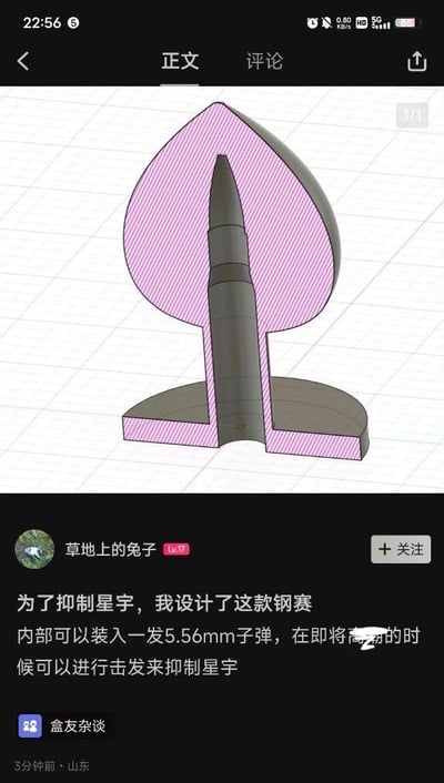 这是一张来自小黑盒社区的社交媒体帖子截图，整体分为上下两部分：上方是用户原创设计的3D渲染图，展示了一款名为“钢赛”的装置，该装置造型带有低俗暗示，谐音“肛塞”，是玩了恶趣味的谐音梗；下方是用户“草地上的兔子”的配文，称这款装置内部可以装入一发5.56mm子弹，在即将高潮的时候可以进行击发来“抑制星宇”，内容以荒诞离谱的设计搭配低俗玩梗的方式制造搞笑效果。