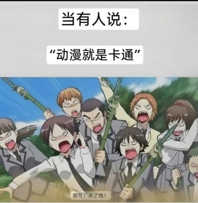 图片上方配有文字'当有人说：'动漫就是卡通''，下方是截取自动漫《学生会的一己之见》的场景，一群穿着校服的学生角色手持竹棍，面露愤怒，齐声怒吼'现在！杀了他！'。通过夸张的愤怒反应，幽默地表现了动漫爱好者对'动漫等同于卡通'这一观点的强烈反对情绪。