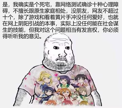 这是一张充满反差感的自嘲式梗图：画面主体是经典Wojak梗图的肥宅变体形象，满脸胡茬、神态固执，身上穿着印有《LoveLive!》偶像团体μ's成员的T恤。配文以第一人称自述，将自己的状态贬得一无是处——确诊十种心理障碍的死宅、社交能力极差、没有现实朋友与谋生技能，爱好只有游戏和低俗内容，唯一的“本事”是在网上阴阳怪气引战，但却理直气壮地宣称自己对某个问题有绝对发言权，要求别人必须听自己的意见。用自我贬低的极端表述，讽刺那些自身状况糟糕却还强行要对他人指手画脚的“网络杠精”，制造出荒诞滑稽的效果。