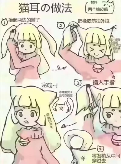 这是一张手绘卡通风格的四步猫耳发型教程图，仅需两个橡皮筋就能完成。教程步骤清晰：1. 抬起两边的辫子；2. 把橡皮筋往外拉，提示要将形成猫耳的部分整理好看；3. 插入手指；4. 将发梢从中间穿过去，最终完成不需要发卡的可爱猫耳发型。整体画风软萌，适合喜欢二次元风格的人群参考。