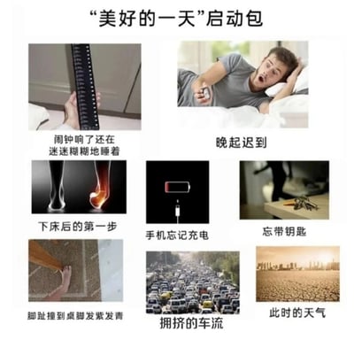 一张由8张图片组成的反讽式搞笑拼贴，标题为“美好的一天启动包”，展示了一系列令人崩溃的早晨场景：左上角为手持闹钟却仍迷糊入睡的画面，配文“闹钟响了还在迷迷糊糊地睡着”；右上角是床上惊醒的男子，配文“晚起迟到”；左中图为脚踩地面疼痛特写，配文“下床后的第一步”；中中图为电量耗尽的手机，配文“手机忘记充电”；右中图为桌上钥匙特写，配文“忘带钥匙”；左下图为脚趾撞桌脚发紫的特写，配文“脚趾撞到桌脚发紫发青”；中下图为拥堵的车流，配文“拥挤的车流”；右下图为干裂土地，配文“此时的天气”。通过夸张的倒霉情节形成幽默反差，吐槽生活中的“小确丧”。