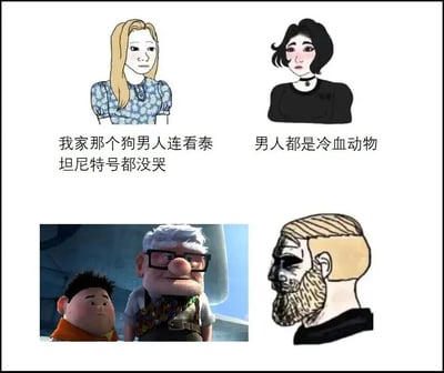 这是一张四格拼接梗图，通过女性吐槽与影视场景的对比制造幽默效果。上排左侧为金发蓝裙女性，配文“我家那个狗男人连看泰坦尼特号都没哭”；上排右侧为黑发黑衣女性，配文“男人都是冷血动物”。下排左侧是《飞屋环游记》中卡尔与罗素的电影截图，下排右侧是络腮胡男性的手绘肖像。整体通过女性对男性“冷血”的抱怨，与可能隐含卡尔曾因情感落泪的影视场景形成反差，调侃男女情感表达差异。