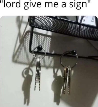 这是一张利用视觉巧合制造趣味的搞笑梗图，顶部配文英文“lord give me a sign”（意为“上帝给我个指引”）。图中展示了挂在黑色挂钩上的两串钥匙，它们在墙面投射的影子恰好形成了类似小人举手和竖中指的造型，完美呼应了配文的诉求，营造出一种“上帝给出了搞怪回应”的戏谑效果，属于生活中偶然发现的光影趣味场景。