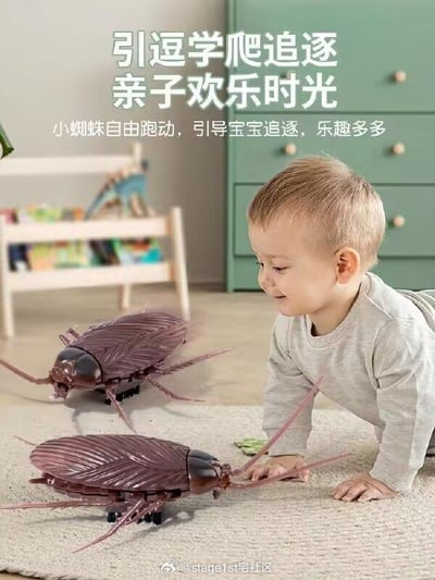 这是一张儿童玩具的宣传图片，画面呈现温馨的室内场景，一个浅金色头发的幼儿宝宝趴在柔软的地毯上，脸上带着好奇开心的神情，正伸手去触碰面前的两个仿真蟑螂玩具，看起来对这个玩具很感兴趣。但图中的宣传文案却出现了明显的错误，标题写着“引逗学爬追逐 亲子欢乐时光”，下方小字描述为“小蜘蛛自由跑动，引导宝宝追逐，乐趣多多”，将视觉上明显是蟑螂的玩具错误地标注为“小蜘蛛”，这种张冠李戴的错误让原本正常的亲子玩具宣传变得十分离谱搞笑。