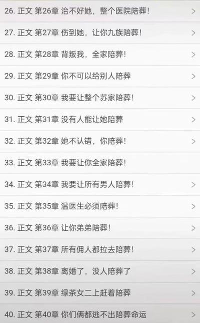 这是某本霸总题材网络小说的章节目录截图，涵盖第26章到第40章。目录标题几乎被‘陪葬’一词霸屏，从威胁整个医院、九族，到特定人群如苏家、温医生、佣人等，夸张程度不断升级，直到第38章‘离婚了，没人陪葬了’出现戏剧性转折，后续章节又继续围绕‘陪葬’展开剧情。密集的‘陪葬’标题制造出荒诞的喜剧效果，精准吐槽了霸总爽文套路化、极端化的狗血剧情。
