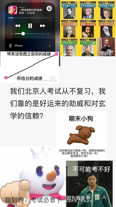 这是一组围绕考试运气和玄学（好运气）展开的搞笑梗图拼贴包。画面中有《好运来》音乐播放器截图，转发“好运提升成绩”曲线，网络流行“期末小狗”表情，以及各种“转发这个人考试必过”套图。配文内容调侃北京考生不复习，主要靠玄学与好运气的助威。结尾配有“指到的考试必拿下”，以及“我是中国人，不可能考不好”的网络名言。全图充满迷信、自嘲及好运暗示氛围，表达考前自我安慰与娱乐，洋溢着年轻群体面对考试压力的乐观自黑氛围。

有明显的玄学梗、自嘲和网络安慰用语混合用法。