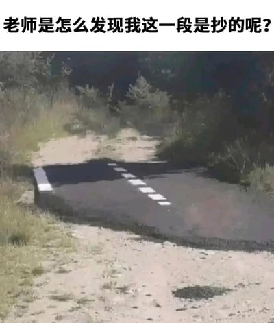 这是一张结合视觉错觉与校园生活的搞笑梗图。图片上方配有学生的灵魂拷问：“老师是怎么发现我这一段是抄的呢？”，下方是一张利用3D涂装和特殊拍摄角度制造出视觉错觉的道路照片——原本平整的路面看起来像是突然凹陷下去一块，与周围的土路形成极其突兀的割裂感。这张图用这种格格不入的视觉效果，生动比喻学生抄来的作业内容和自己原本的写作风格、水平完全不符，就像凹陷的路面和正常道路一样脱节，这种明显的差异让老师一眼就能识破作业是抄袭的，精准戳中校园生活里学生抄作业的尴尬场景，充满搞笑感。