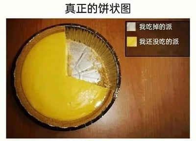 这是一张充满创意的趣味梗图，标题为“真正的饼状图”。图中主体是一个放在锡纸托里的黄色派，其中有一个扇形部分已经被吃掉，露出了锡纸托的底部。图片右侧配有类似数据可视化饼状图的图例，灰色方块对应文字“我吃掉的派”，黄色方块对应文字“我还没吃的派”，将真实的派的剩余状态和数据饼状图的形式完美结合，利用“饼状图”里的“饼”和食物“派（英文pie，和饼状图的pie同源）”的关联，制造出双关的幽默效果，把抽象的图表形式用生活化的食物场景具象化，显得生动又有趣，能让人会心一笑。