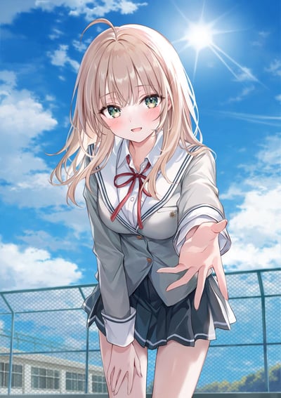 晴朗的蓝天白云下，一位浅金色长发、绿眼眸的JK制服少女站在学校操场的铁丝网围栏前。她身体微微前倾，一只手撑在膝盖上，另一只手向前伸出，做出邀约的动作。少女脸颊带着淡淡的红晕，眼神温柔又满含期待，阳光从她身后的天空洒下，为画面增添了温暖的光晕，整体氛围清新治愈，充满了校园青春的纯粹感。