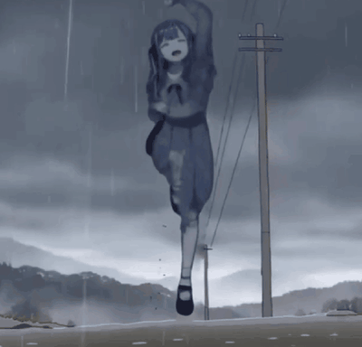 这是一段AI生成的动态GIF，画面中一位蓝发少女身处阴沉的雨天户外，地面有积水，背景是灰暗天空、远山与电线杆。少女做出大幅度的蹦跳、挥舞手臂的动作，仿佛在压抑的天气里尽情释放情绪，整体冷色调的画面和少女亢奋的动作形成强烈反差。
没有双关、谐音梗或暗示内容。