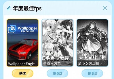这是一张模仿游戏平台年度奖项评选的整活梗图，标题为“年度最佳fps”，但入选的并非传统意义上的第一人称射击（FPS）游戏：获奖的是动态壁纸软件Wallpaper Engine，提名2是美少女视觉小说《千恋*万花》，提名3是美少女视觉小说《美少女万华镜 -理与迷宫的少女-》。这张图玩了“FPS”的多义梗：一方面Wallpaper Engine运行动态壁纸会占用电脑帧率（FPS，Frames Per Second），另一方面玩家游玩《千恋*万花》《美少女万华镜》这类美少女游戏时，会因快速点击鼠标而被调侃为“手速FPS”，以此制造反差搞笑的效果，是二次元游戏玩家圈子里的趣味整活内容。