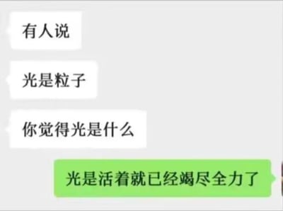 这是一张仿微信聊天界面的静态截图，左侧白色气泡是提问方的消息，依次发送“有人说”“光是粒子”“你觉得光是什么”的内容，原本是围绕物理学中光的属性展开的提问；右侧绿色气泡是回答方的回复，没有从科学角度作答，而是利用中文的语义错位玩梗，将名词“光”偷换为副词“光是（意为仅仅是）”，给出“光是活着就已经竭尽全力了”的丧系回答，形成强烈的反差幽默感，精准戳中当代人生活压力大的情绪共鸣点。